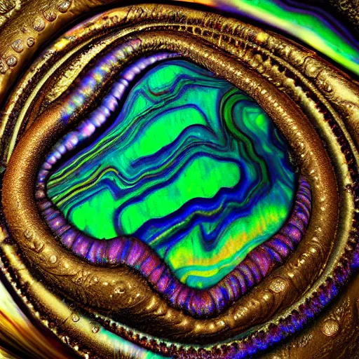 Image similar to Art Nouveau cresting oil slick waves, hyperdetailed bubbles in a shiny iridescent oil slick wave, black opal, abalone, paua shell, ornate copper patina medieval ornament, rococo, oganic rippling spirals, octane render, 8k 3D