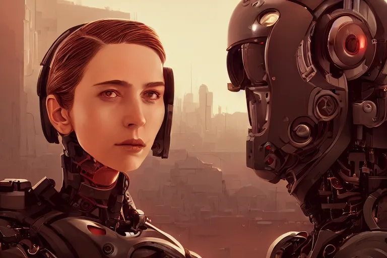 Image similar to highly detailed surreal vfx portrait of a robot android, ex machina, stephen bliss, unreal engine, greg rutkowski, loish, rhads, beeple, makoto shinkai and lois van baarle, ilya kuvshinov, rossdraws, tom bagshaw, global illumination, detailed and intricate environment