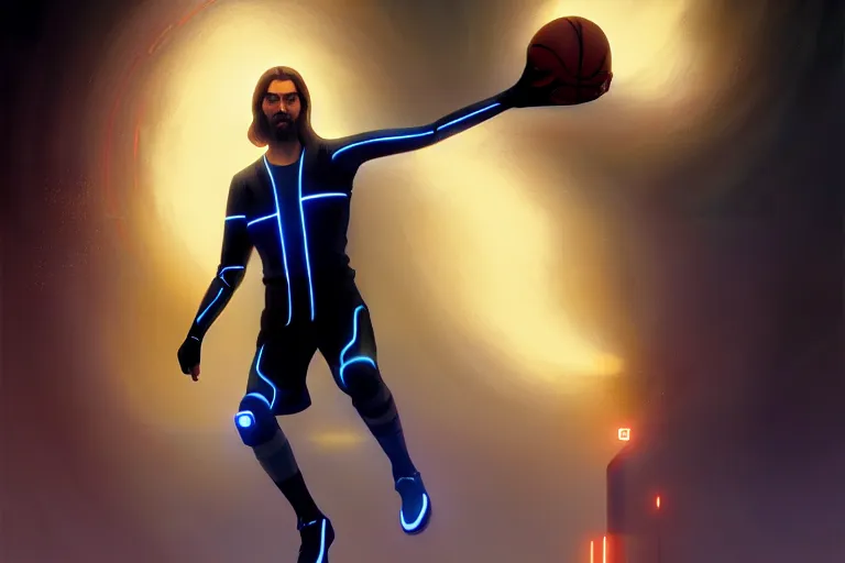 Image similar to tron legacy jesus playing basketball, face, diffuse lighting, hyper realistic, concept art, intricate, hyper detailed, smooth, sharp focus, illustration, artstation, art by greg rutkowski and james gurney and alphonse mucha