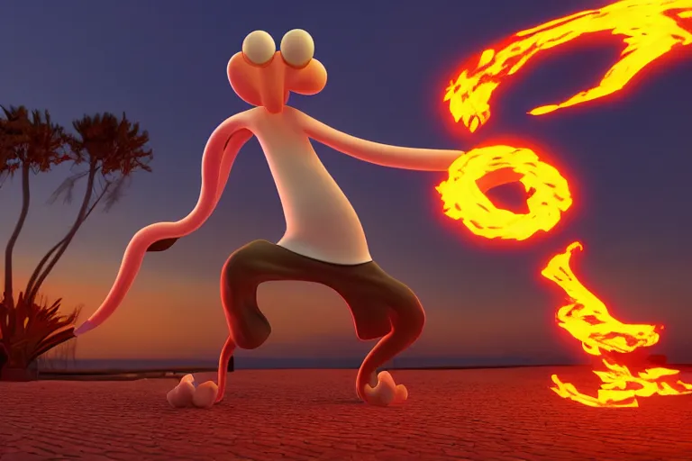 Image similar to squidward firebending outside at susnset, 3 d render