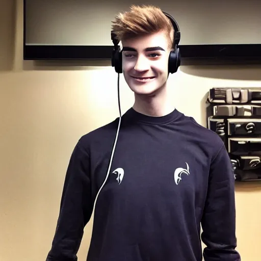 Image similar to “a realistic detailed photo of a guy who is an attractive humanoid who is half robot and half humanoid, who is a male android, twitch streamer Ninja Tyler Blevins, shiny skin, posing like a statue, blank stare, with gaming headphones on”