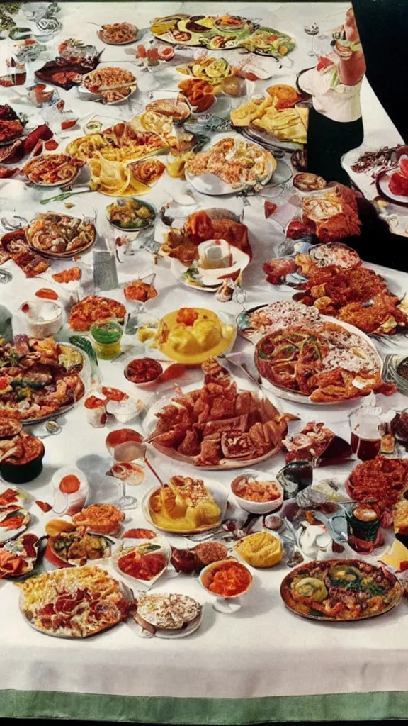 Image similar to 1 9 6 0 s food magazine photo of a lavish spread of disgusting and strange party foods, on a velvet table cloth, soft focus