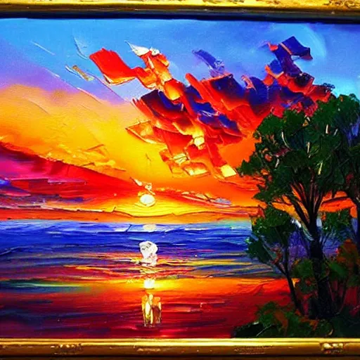 Image similar to an impasto oil painting of a stunning, colorful sunset painted by ken hong leung