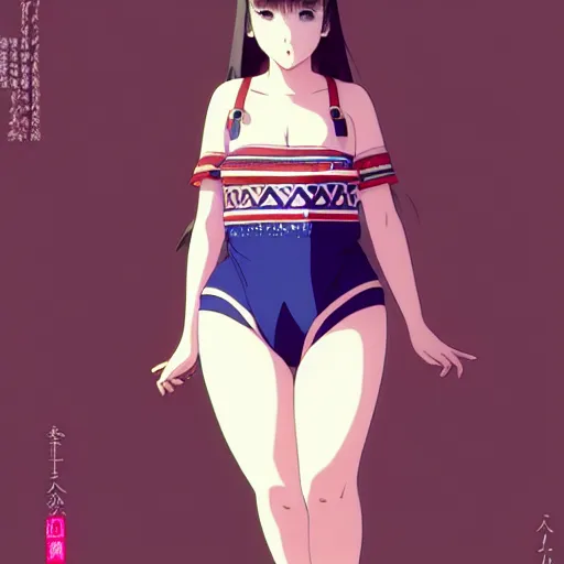 Image similar to a beautiful plus sized model japanese natalie portman, alluring plus sized model, wearing mayan leotard with overalls, street fashion hip hop style with mayan patterns, aztec street fashion, gapmoe yandere grimdark, trending on pixiv fanbox, painted by greg rutkowski makoto shinkai takashi takeuchi studio ghibli, akihiko yoshida