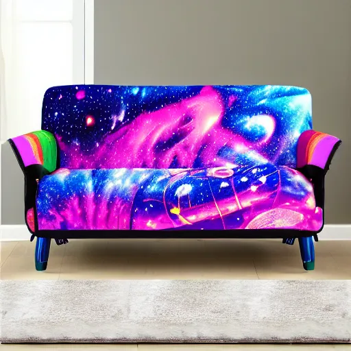 Image similar to psychedelic trippy couch in space, planets, milky way, sofa, cartoon