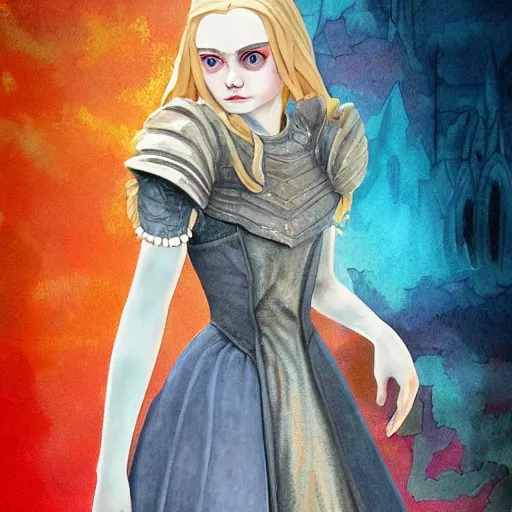 Prompt: Elle Fanning in the painted world of Dark Souls, head and shoulders masterpiece, apocalypse, golden hour, cosmic horror, artstation, in the style of 1990s Disney cel shading, extremely detailed