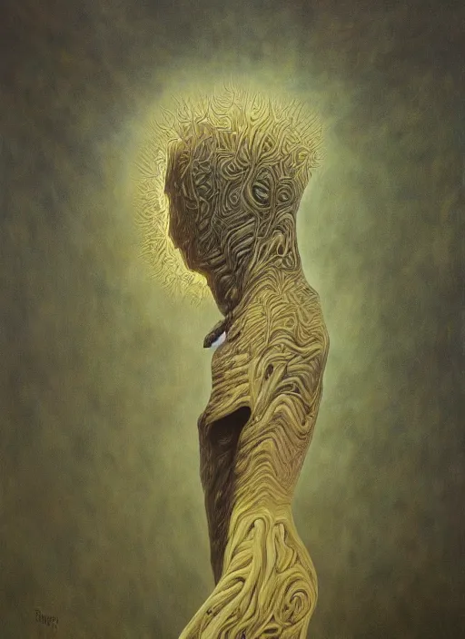 Image similar to dramatic portrait painting of human with black mandelbrot fractal instead of face, in style of zdzisław beksinski, dark, horror, body horror, scary,