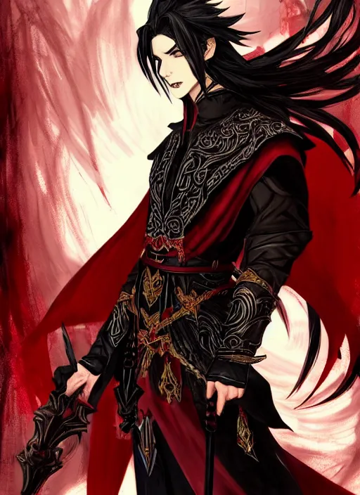 Image similar to Full body portrait of a handsome mature elf fire mage with long black hair wearing ornate scarlet robe. In style of Yoji Shinkawa and Hyung-tae Kim, trending on ArtStation, dark fantasy, great composition, concept art, highly detailed, dynamic pose.