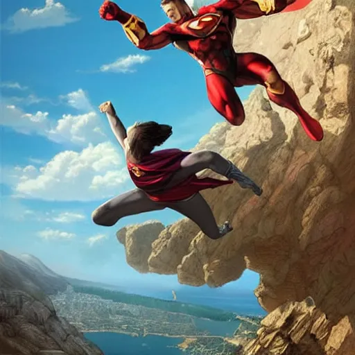 Image similar to a flying superhero catching a child that is falling from a cliff. photorealistic. realism. 4 k wideshot. cinematic. unreal engine. artgerm. marc simonetti. jc leyendecker