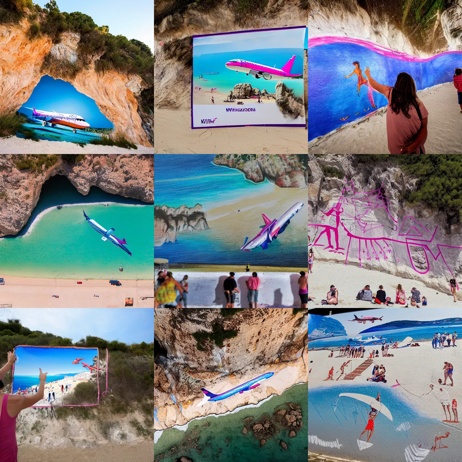 Prompt: cave - wall drawing of a wizzair airbus a 3 2 1 neo landing at skiathos airport, low over the heads of the people on the beach