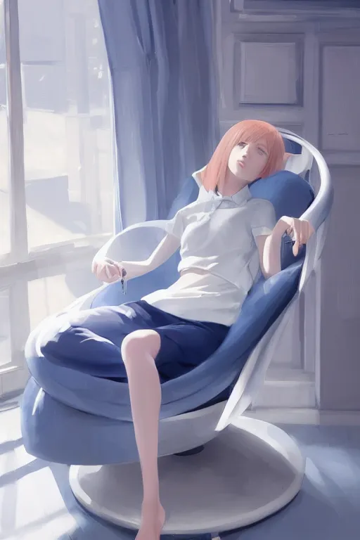 Prompt: a cute young woman lying in a ball chair while listening to music with her eyes closed and wearing headphones by Ilya Kuvshinov and Range Murata, white bob cut hair, blue and white, cozy setting, soft lighting, atmospheric, cinematic, moody, digital painting, Krenz Cushart, Eero Aarnio, 8k