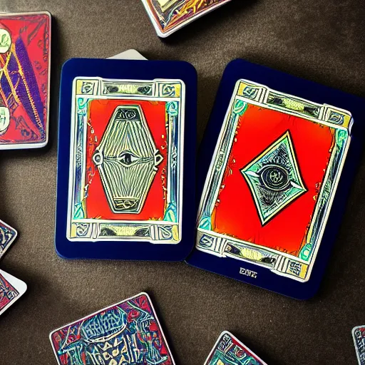 Image similar to full set of illuminati playing cards, tarot card design, product shot