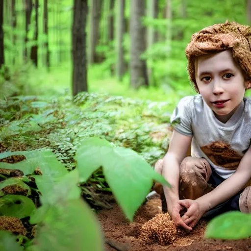 Image similar to A lost boy in the woods finds gingerbread crumbs, XF IQ4, 150MP, 50mm, f/1.4, ISO 200, 1/160s, natural light, Adobe Photoshop, Adobe Lightroom, DxO Photolab, Corel PaintShop Pro, rule of thirds, symmetrical balance, depth layering, polarizing filter, Sense of Depth, AI enhanced, sharpened, denoised, HDR, clean