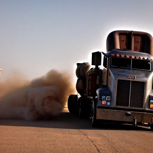 Prompt: ups feeder tractor trailer truck in mad max : fury road, midday light, 2 8 mm lens, dust storm,