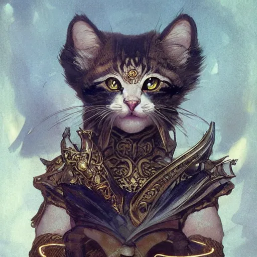 Image similar to A heraldic prince kitty cat with big cute eyes, D&D, fantasy, intricate, cinematic lighting, highly detailed, digital painting, artstation, concept art, smooth, sharp focus, illustration, art by Akihiko Yoshida, Greg Rutkowski and Alphonse Mucha