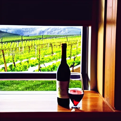 Image similar to wine bottle sitting on window sill with a view of beautiful vineyard