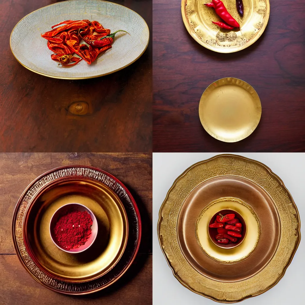 Prompt: A golden plate with a single red chili pepper on an antique mahogany table