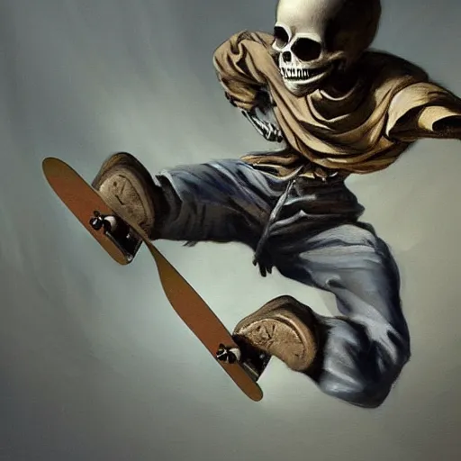 Image similar to close up skeleton skateboarder painting dynamic very very detailed by hubert robert balanced