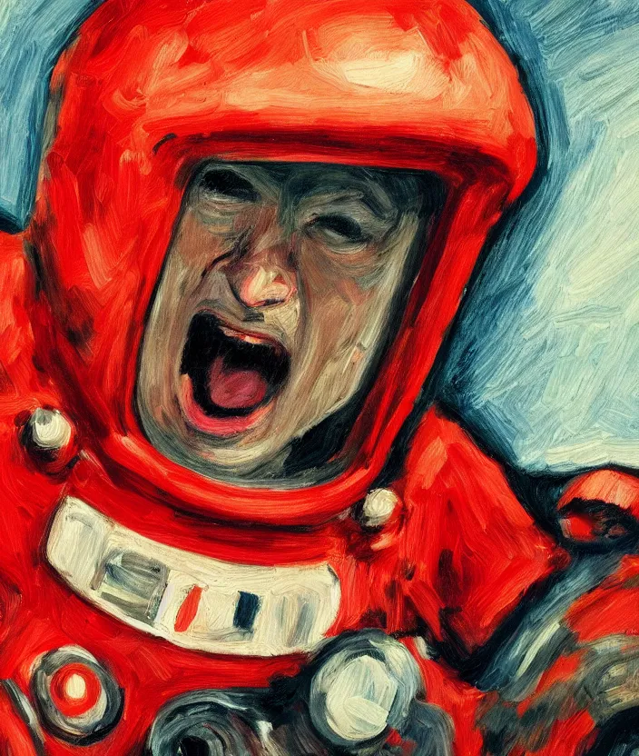 Image similar to a close up portrait painting of a man in a red astronaut suit, screaming and sad, highly detailed, face close up, aesthetic stars in the background, in the style of edward hopper, fine brush strokes, 4 k,