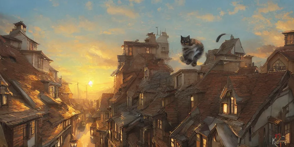 Prompt: stunning painting of a cats running on rooftops during sunset by krenz cushart