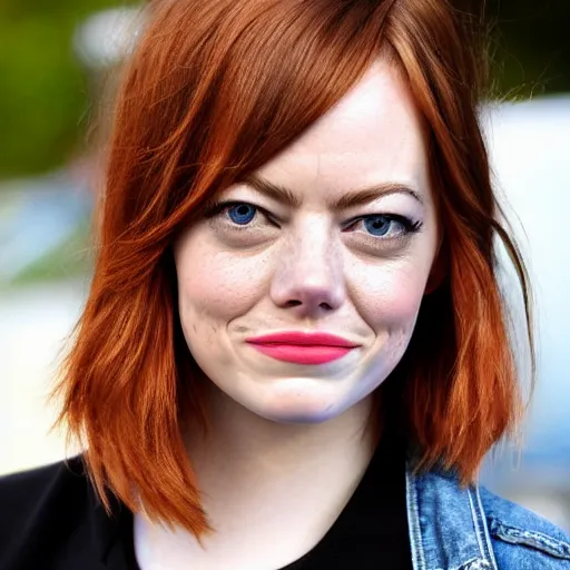 Image similar to Emma Stone homeless mugshot portrait. Faces of Meth.