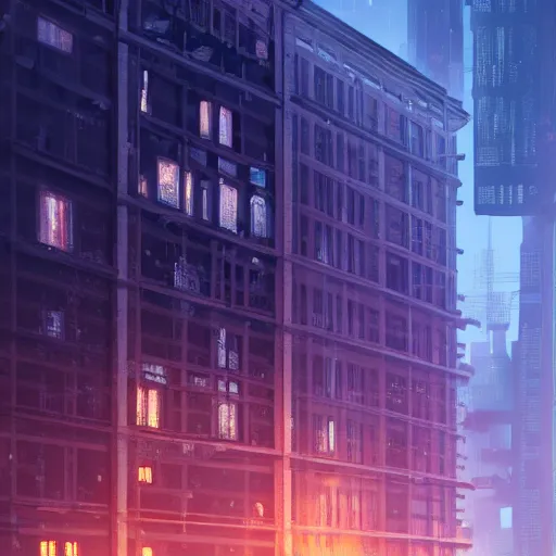 Image similar to One dilapidated building with only one window glowing. ArtStation, Cyberpunk, Vertical Symmetry, 8K, Highly Detailed, Intricate, Album Art.