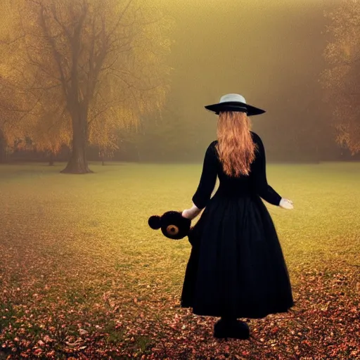 Image similar to a girl standing in a park, alone, wearing black dress and hat, holding teddy bear, detailed hands, by andrea kowch, dark, scene, magic realism