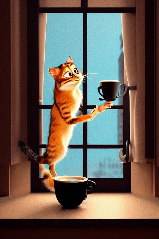 Prompt: beautiful cat holding one cup of coffee at house window. Pixar Disney 4K 3d render funny animation movie Oscar winning trending on ArtStation and Behance. Ratatouille style.