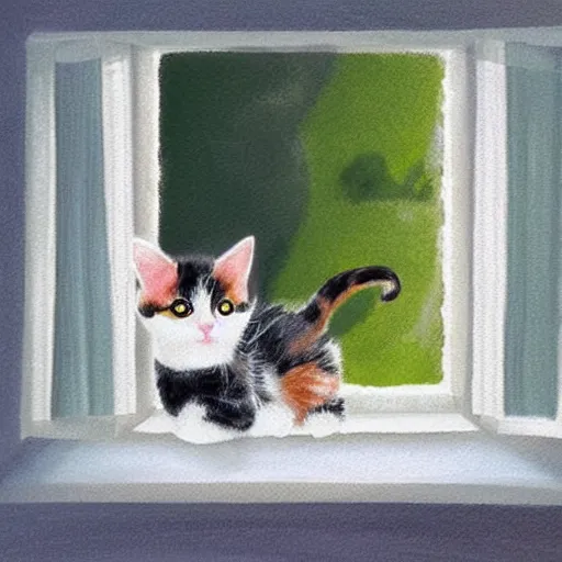 Image similar to cute calico kitten looking out of the window on a [ [ [ [ beautiful ] ] ] ] summer day, storybook art, detailed, cute, profile shot, featured on artstationg, gorgeous!!!