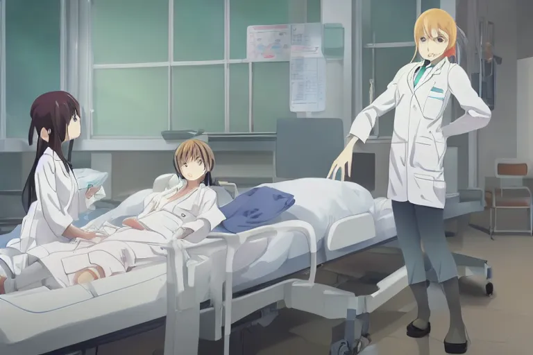 Image similar to a cute and beautiful young female doctor wearing white coat are taking care of a patient on a bed in a hospital ward, slice of life anime, anime scenery by Makoto shinkai