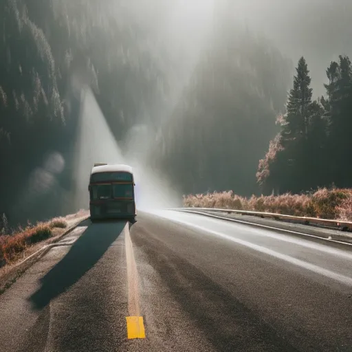 Image similar to bus on misty highway scene, the sun shining through the mountains