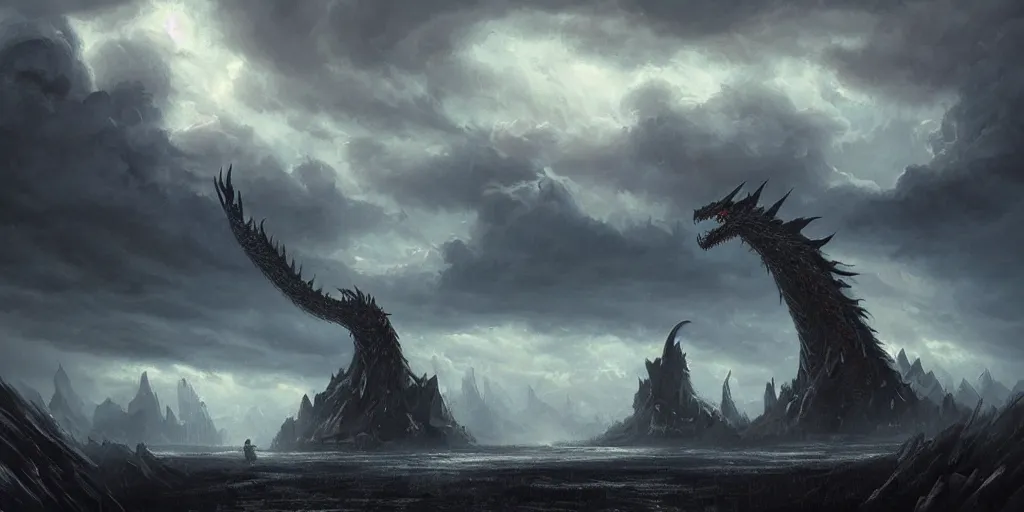 Image similar to concept art, of a giant dragon made of dark clouds in the sky, thunderstom, rain, medieval, dark concept art, dark skies painting by wlop, nixeu and greg rutkowski, beautiful, semirealism, artstation, octane render, oil painting, sharpness, 8 k, golden ratio