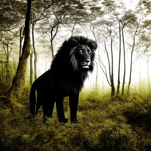 Image similar to professional wildlife photograph of a black lion standing in dark jungle, surrounded by surreal trees, cinematic lighting, staring eyes, apex predator, natgeo, 3 5 mm lens