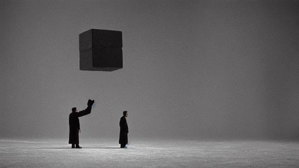 Image similar to cube man, film still from the movie directed by denis villeneuve and david cronenberg with art direction by salvador dali and zdzisław beksinski, wide lens