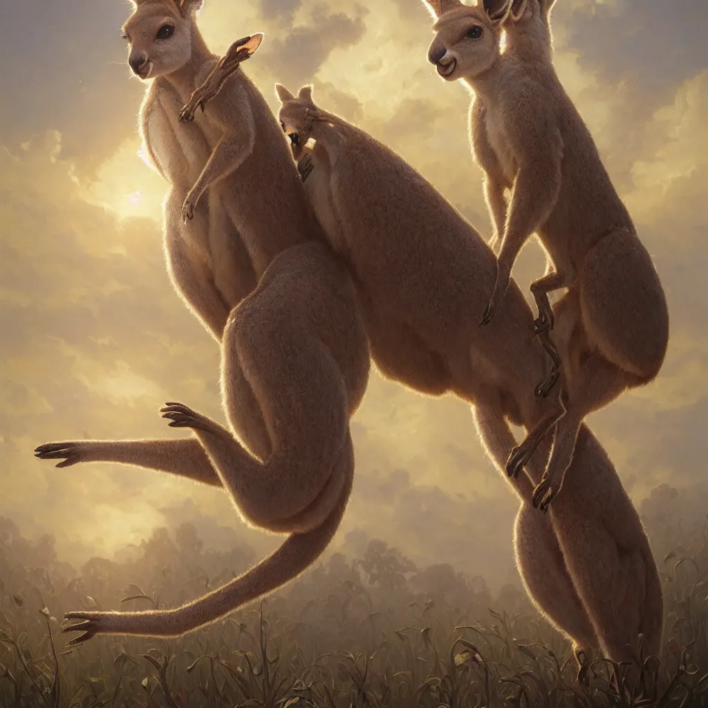 Image similar to Highly detailed portrait of a single Kangaroo wearing a Crown, Stephen Bliss, unreal engine, fantasy art by Greg Rutkowski, Loish, Rhads, ferdinand knab, Makoto Shinkai and Lois van baarle, ilya kuvshinov, rossdraws, Tom Bagshaw, alphonse mucha, global illumination, radiant light, detailed and intricate environment