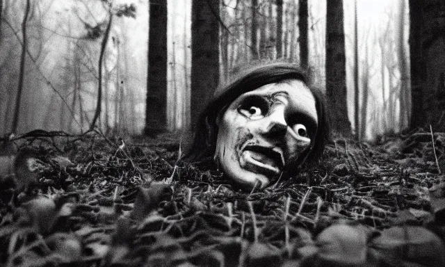 Prompt: corpse face looking at camera in forest at night, 70s photo, out of focus, motion blur, cctv footage, horror movie, horror lighting, blair witch project, old photo