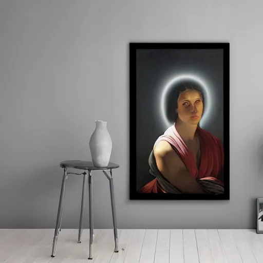 Image similar to painting portrait of a person with a bright light beam emanating rays of light and totally covering their head, matte painting, masterpiece, by Caravaggio