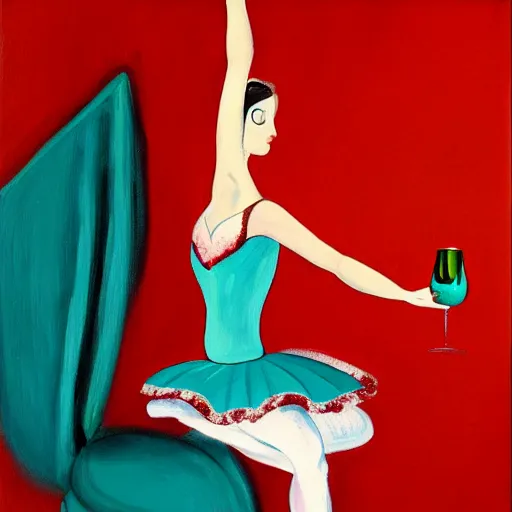 Image similar to painting of a ballerina holding wine in a teal room over a red background