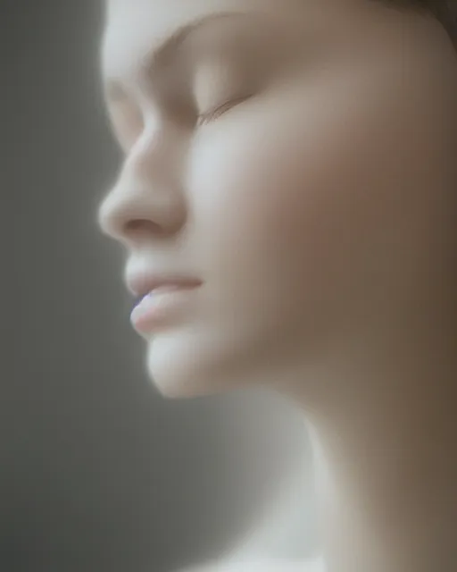 Image similar to photorealistic portrait of a beautiful young woman, very blurry, out of focus, translucent stone white skin, closed eyes, foggy, closeup