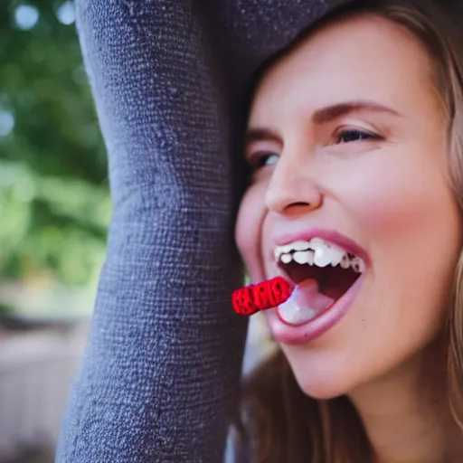 Prompt: pregnant woman eating lacorice and being happy