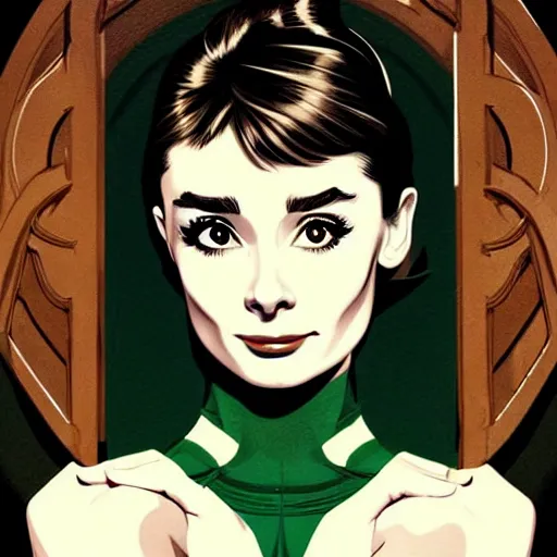 Image similar to in the style of joshua middleton, beautiful audrey hepburn, full body green dress, creepy pose, bioshock, spooky, symmetrical face symmetrical eyes, three point lighting, detailed realistic eyes, aquapunk, insanely detailed and intricate elegant, artgerm, underwater home
