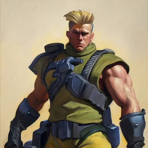 Image similar to greg manchess portrait painting of partially armored guile from street fighter as overwatch character, medium shot, asymmetrical, profile picture, organic painting, sunny day, matte painting, bold shapes, hard edges, street art, trending on artstation, by huang guangjian and gil elvgren and gerald brom