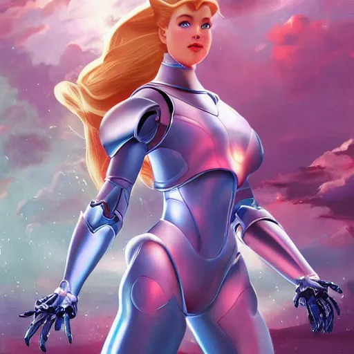 Image similar to high detailed close up of, energetic female cyborg Disney princess Aurora, wearing futuristic cybernetic battle armor, balance composition, dramatic lighting, 8k, painted by Alex Ross