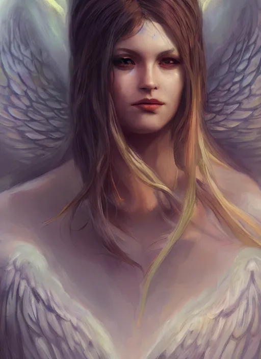 Image similar to beautiful 4 k female portrait, wolf, aasimar angel with wings, tarot card art, character concept art, oilpainting, cinematic lighting, trending in artstation, cgsociety, by wlop, artgerm