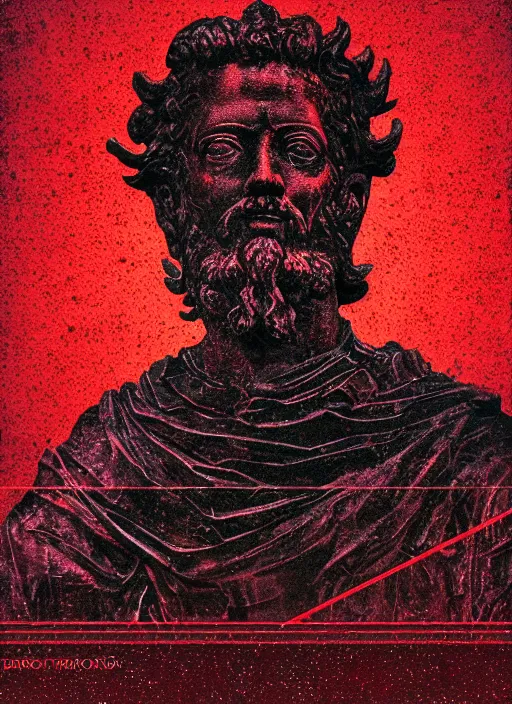 Prompt: dark design poster showing a statue of marcus aurelius, black background with very subtle red and purple design elements, powerful, nekro, vito acconci, thin straight lines, dark, glitch art, neo vaporwave, gritty, layout frame, square, trending on artstation