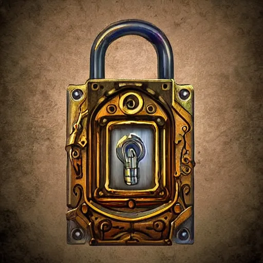 Prompt: a glowing steampunk keyed padlock 🔒 🔑, fantasy digital art, magical background in the style of hearthstone artwork