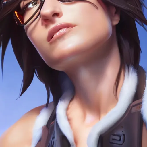 Image similar to a highly detailed portait of tracer from overwatch as kate beckinsale, digital art, pretty face, muscular, very beautiful face, very detailed eyes, 8 k resolution, digital painting, by james gurney wlop, greg rutkowski, full body
