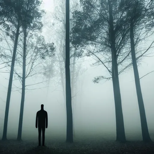 Image similar to Three ominous figures standing amongst a tall skinny tree forest with eerie fog covering the ground. Creepy glowing eyes coming from the fog and a night time setting