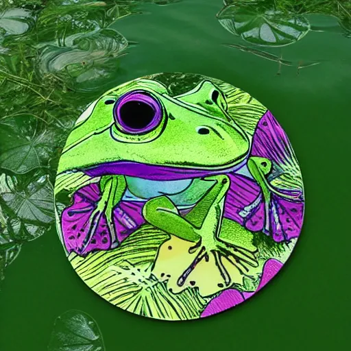 Prompt: graphic design perfect frog pattern realistic circular lily pads in a lake