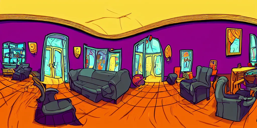 Image similar to a dimly lit, theater dressing room, with a mirror, a chair, a couch, day of the tentacle style, drawn by Peter Chan, fish eye